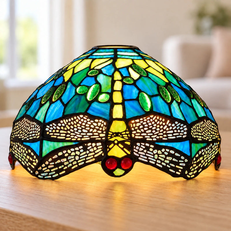 Teal & Green Dragonfly Tiffany Lamp Shade, 25.4 cm, illuminated