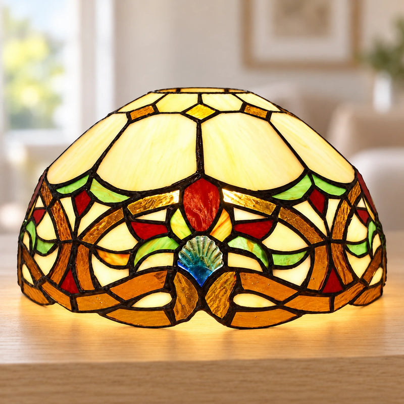 Amber Floral Scroll Tiffany Lamp Shade, 25.4 cm, illuminated