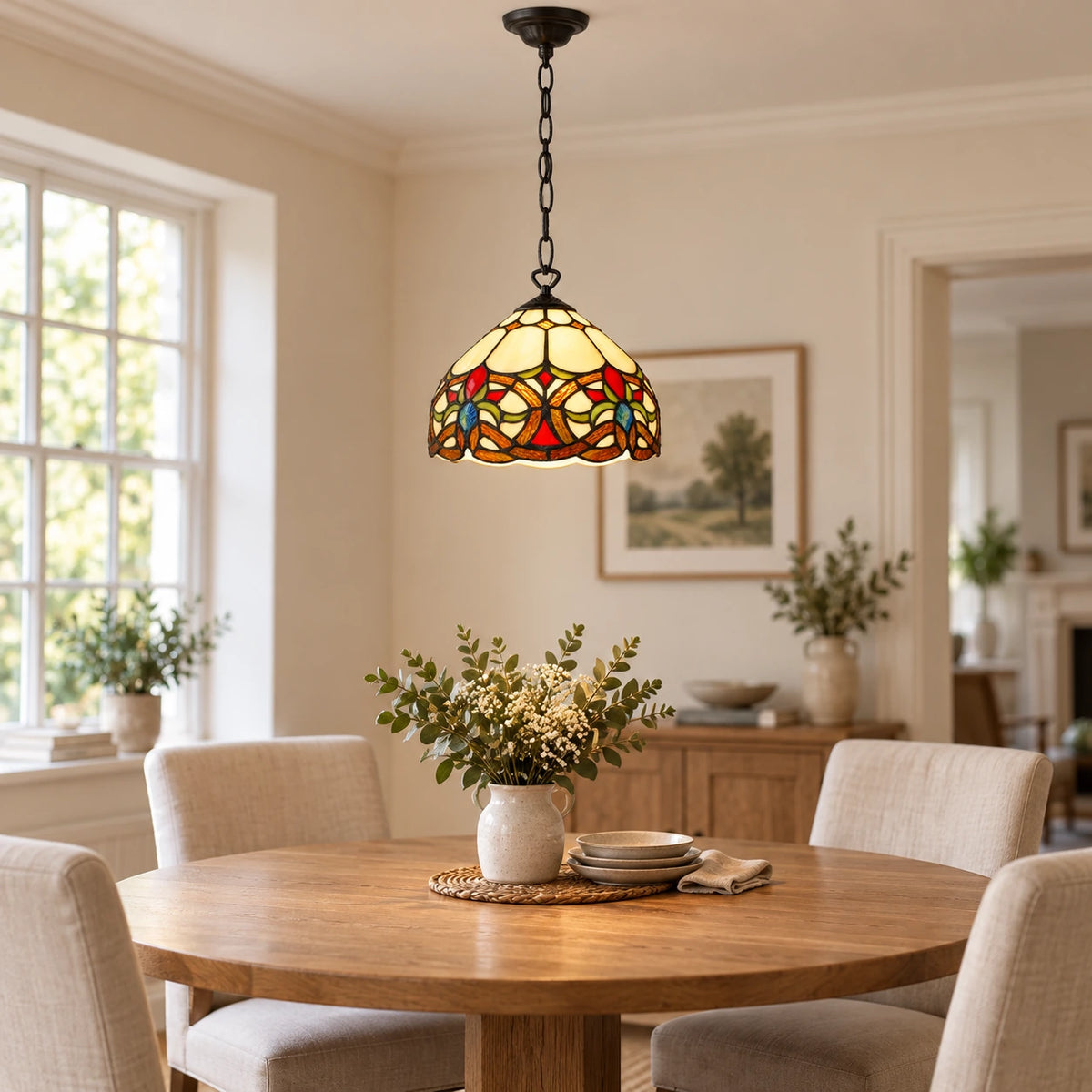 Amber Floral Scroll Tiffany Pendant Light, 25.4 cm, in a room setting