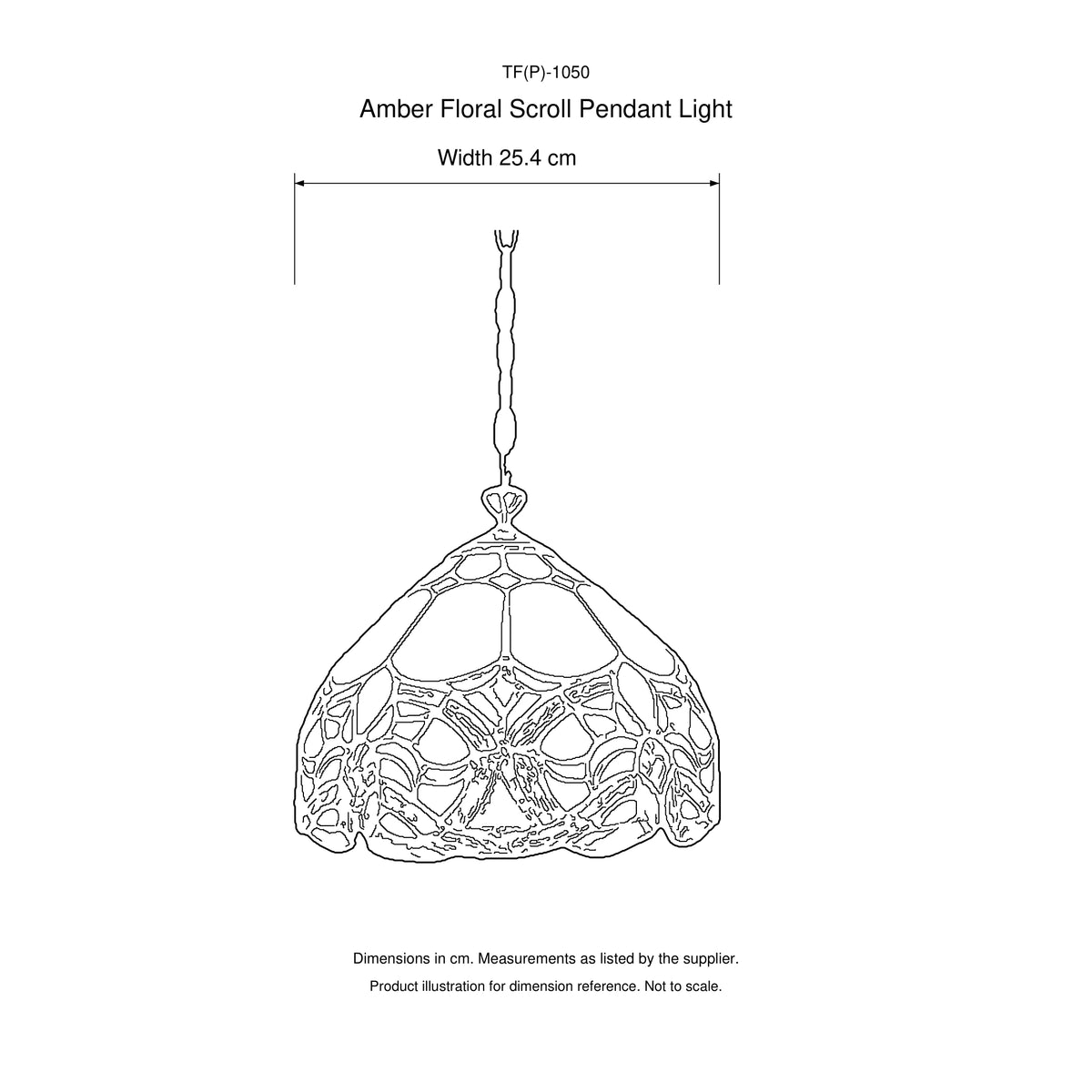 Amber Floral Scroll Tiffany Pendant Light, 25.4 cm, dimensions diagram in centimetres