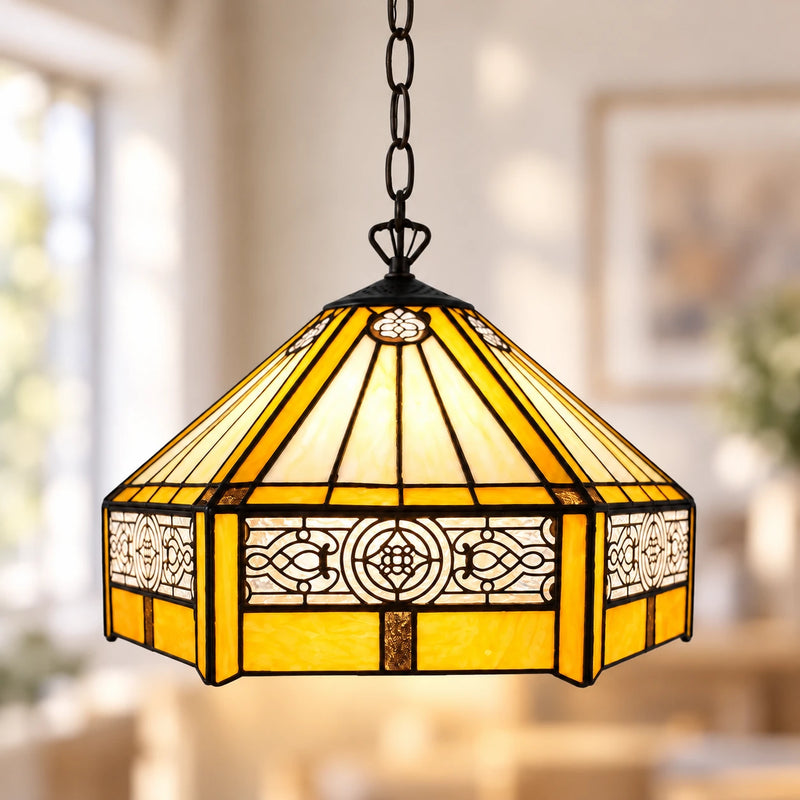 Amber Mission Tiffany Pendant Light, 25.4 cm, illuminated