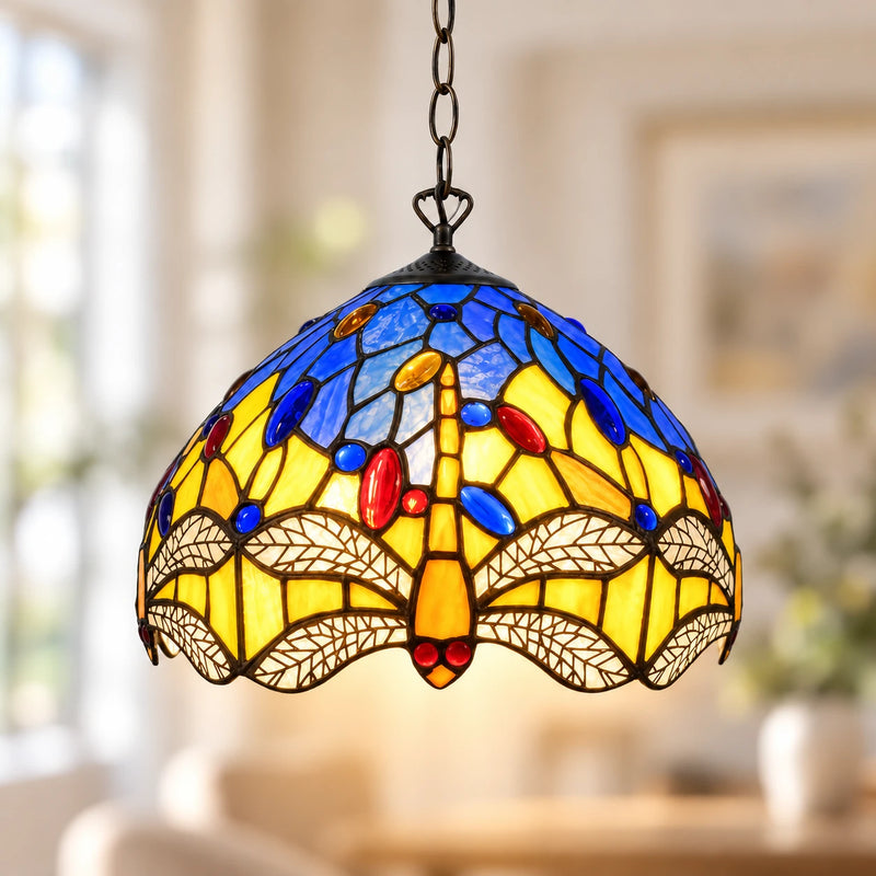 Blue & Yellow Dragonfly Tiffany Pendant Light, 25.4 cm, illuminated