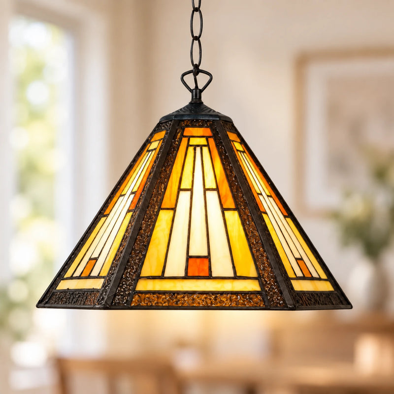 Cream & Amber Mission Tiffany Pendant Light, 25.4 cm, illuminated