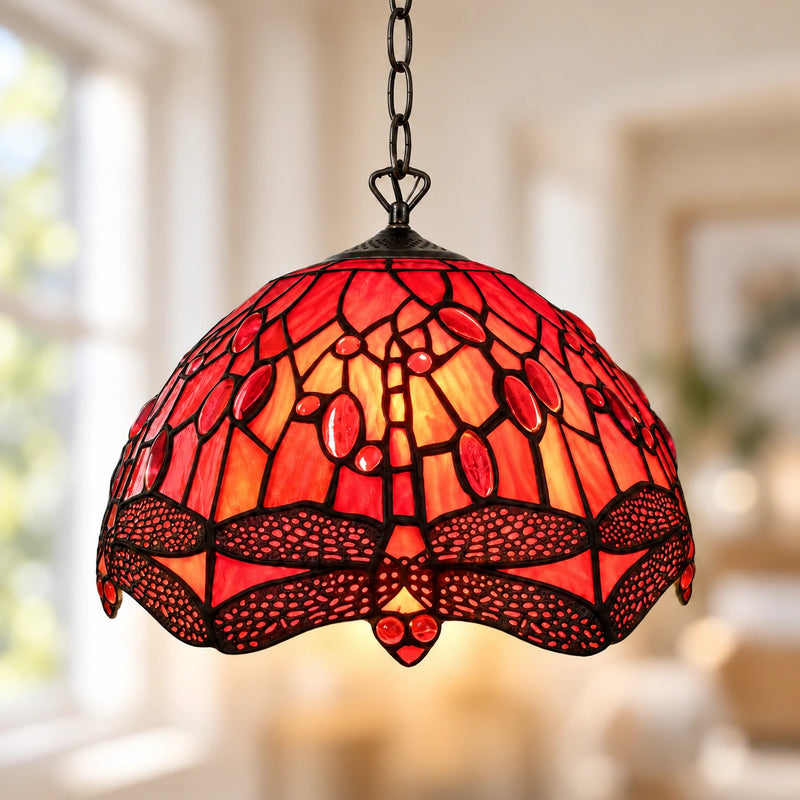 Scarlet Dragonfly Tiffany Pendant Light, 25.4 cm, illuminated
