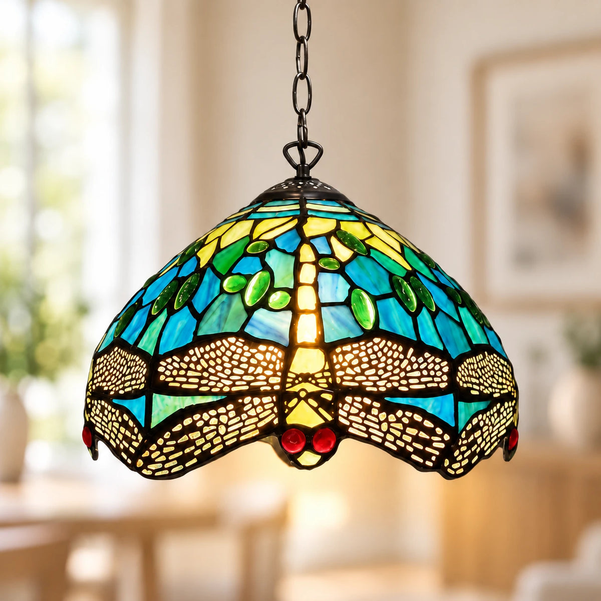 Teal & Green Dragonfly Tiffany Pendant Light, 25.4 cm: illuminated hero