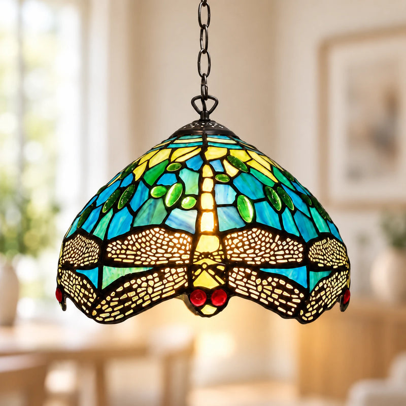 Teal & Green Dragonfly Tiffany Pendant Light, 25.4 cm, illuminated