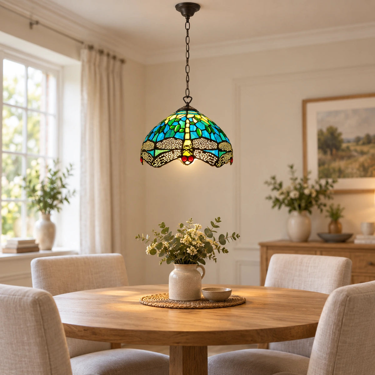 Teal & Green Dragonfly Tiffany Pendant Light, 25.4 cm: room scene