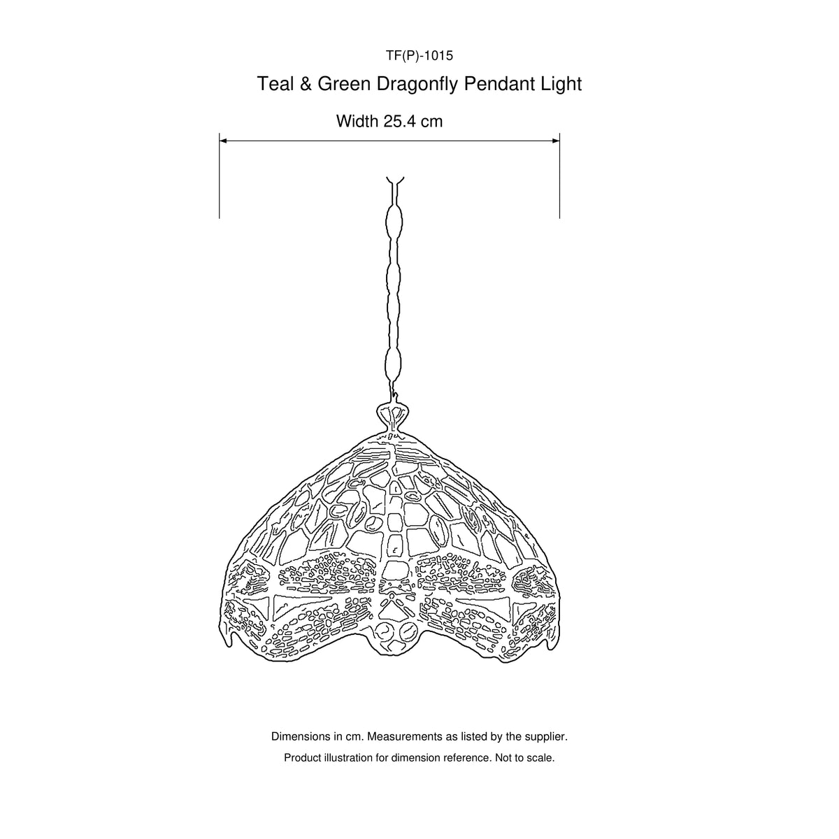 Teal & Green Dragonfly Tiffany Pendant Light, 25.4 cm: dimensions in centimetres