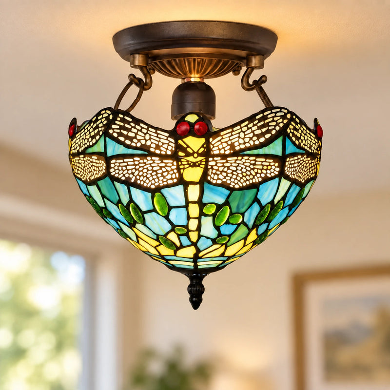 Teal & Green Dragonfly Tiffany Ceiling Light, 25.4 cm, illuminated