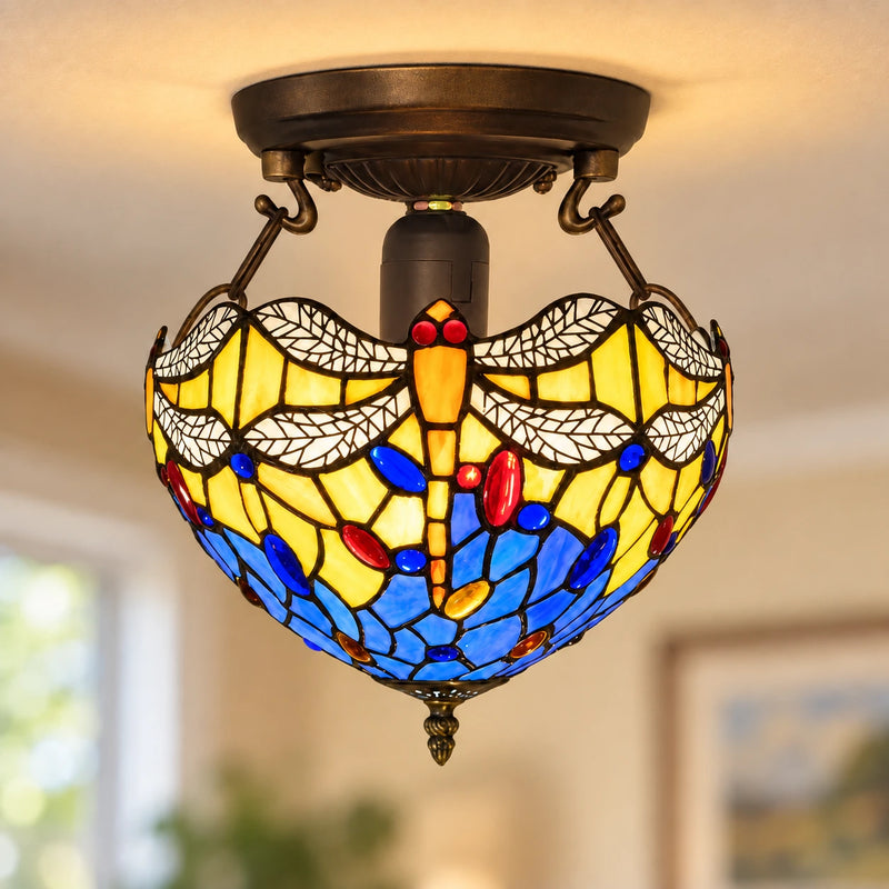 Blue & Yellow Dragonfly Tiffany Ceiling Light, 25.4 cm, illuminated