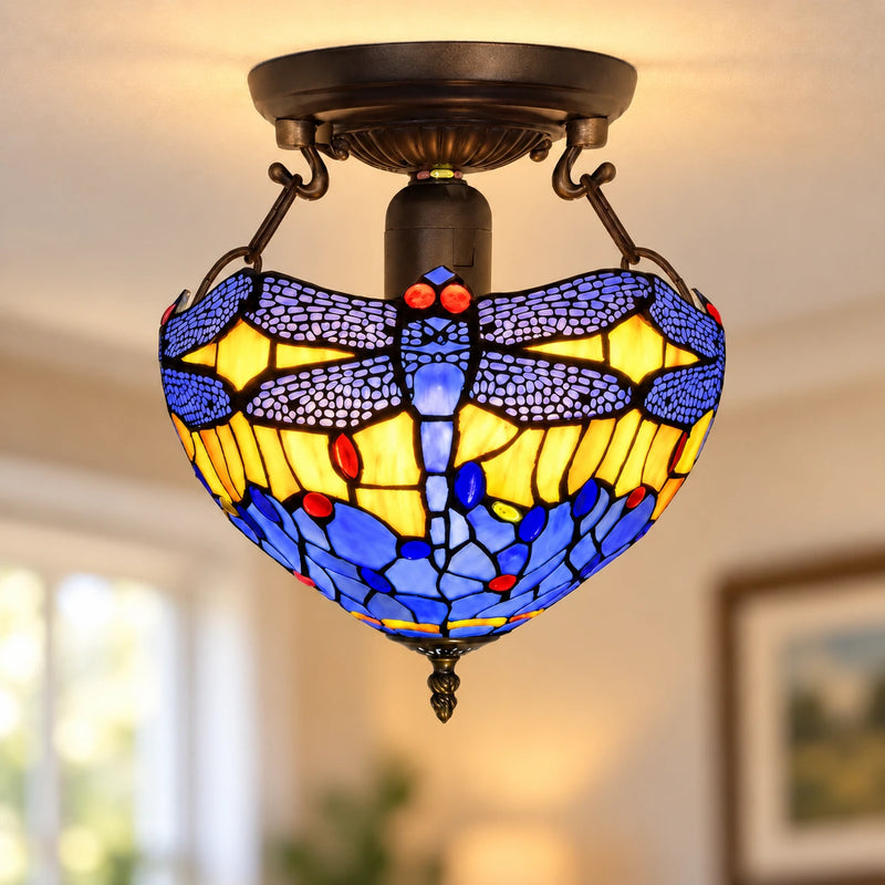Sunset Dragonfly Tiffany Ceiling Light, 25.4 cm, illuminated