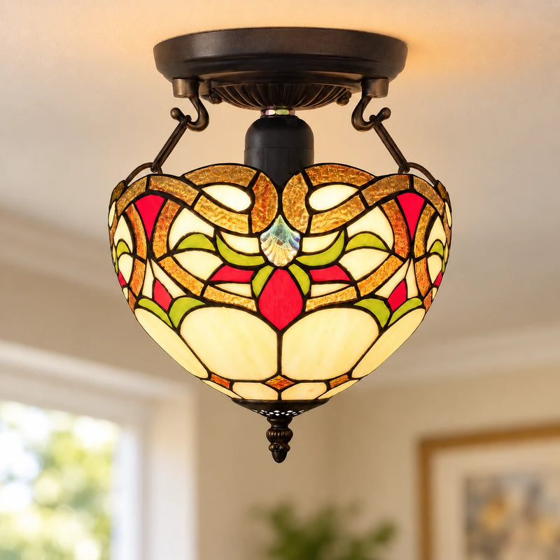 Amber Floral Scroll Tiffany Ceiling Light, 25.4 cm, illuminated