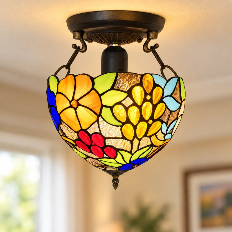 Garden Floral Tiffany Ceiling Light, 25.4 cm, illuminated