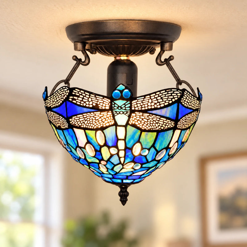Sapphire Dragonfly Tiffany Ceiling Light, 25.4 cm, illuminated