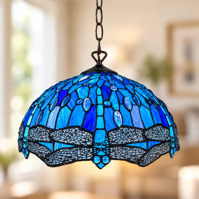 Sapphire Dragonfly Tiffany Pendant Light, 40.6 cm, illuminated