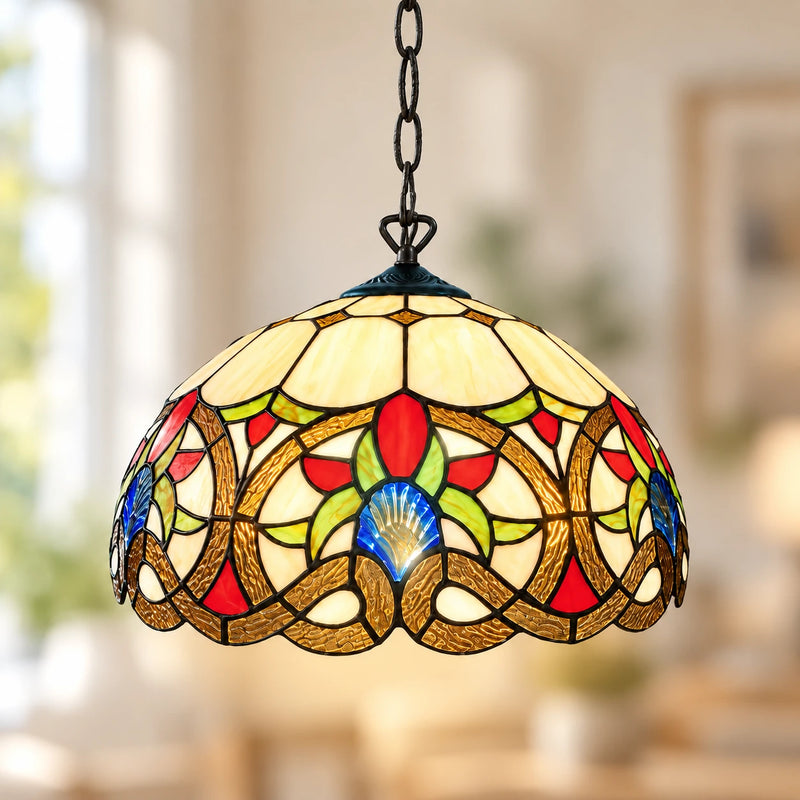 Amber Floral Scroll Tiffany Pendant Light, 40.6 cm, illuminated