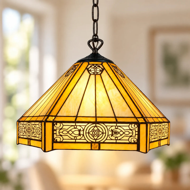 Amber Mission Tiffany Pendant Light, 40.6 cm, illuminated