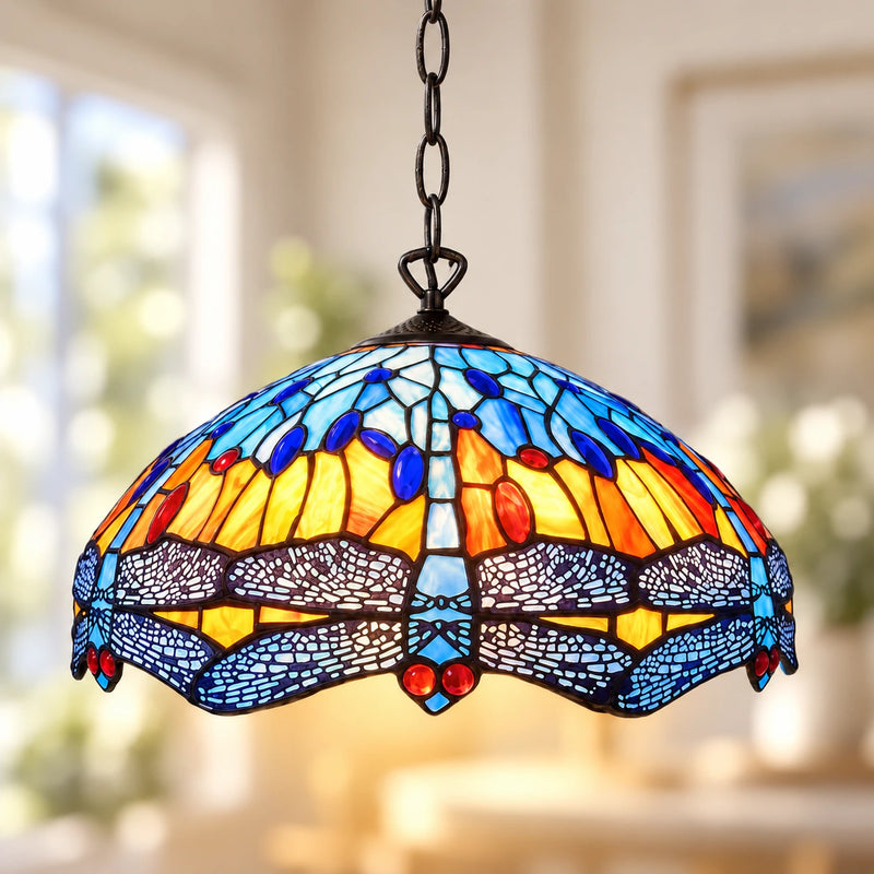 Sunset Dragonfly Tiffany Pendant Light, 40.6 cm, illuminated