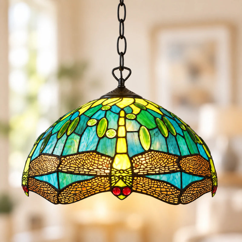 Teal & Green Dragonfly Tiffany Pendant Light, 40.6 cm, illuminated