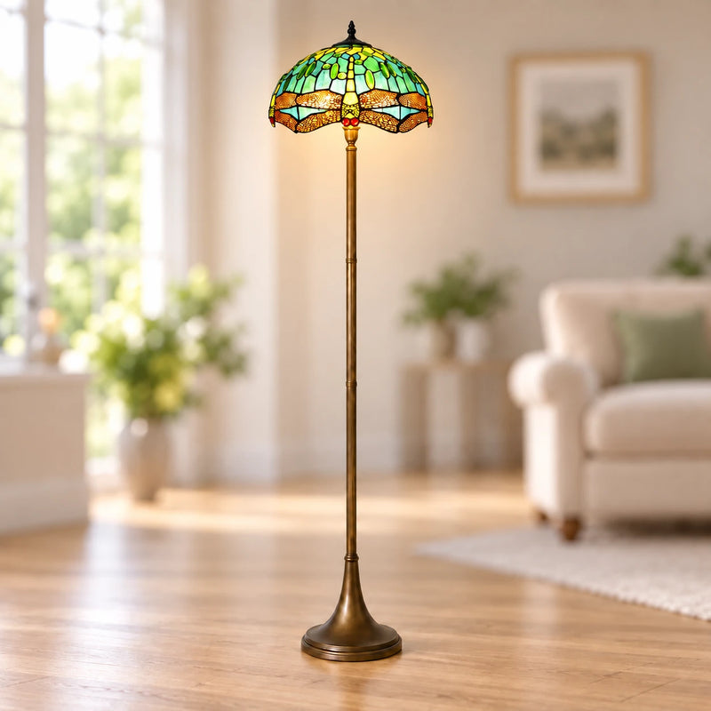 Teal & Green Dragonfly Tiffany Floor Lamp, 40.6 cm, illuminated