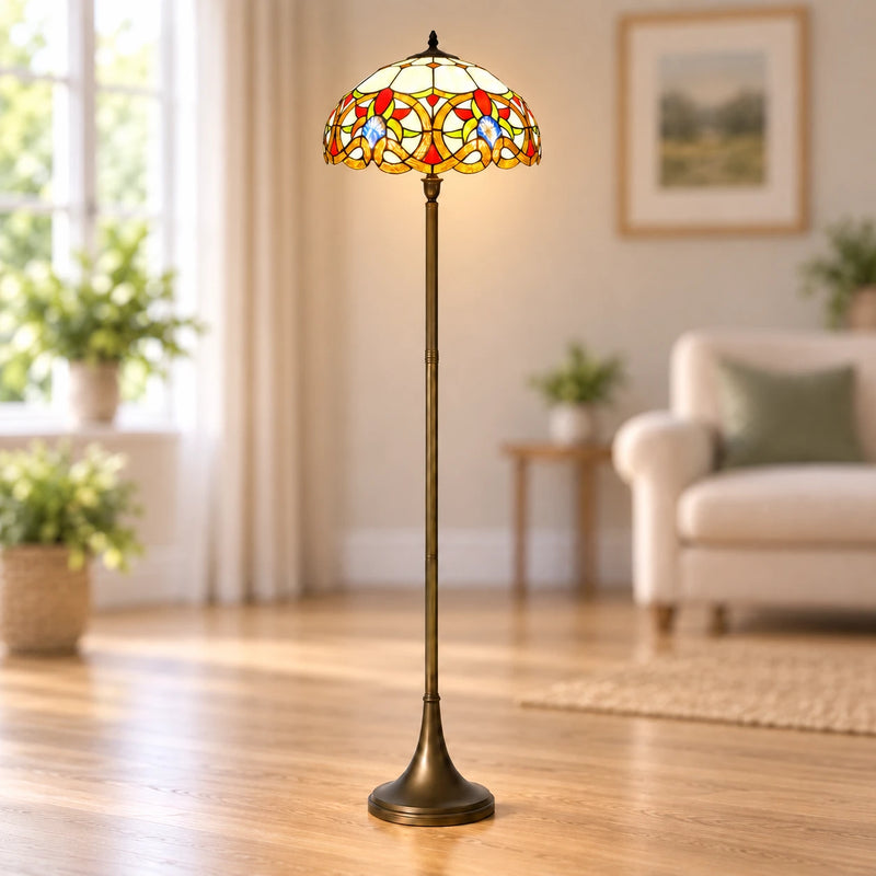 Amber Floral Scroll Tiffany Floor Lamp, 40.6 cm, illuminated