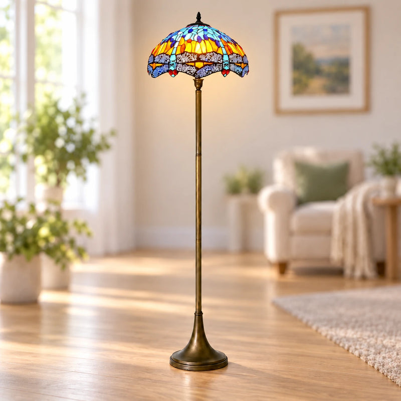 Sunset Dragonfly Tiffany Floor Lamp, 40.6 cm, illuminated