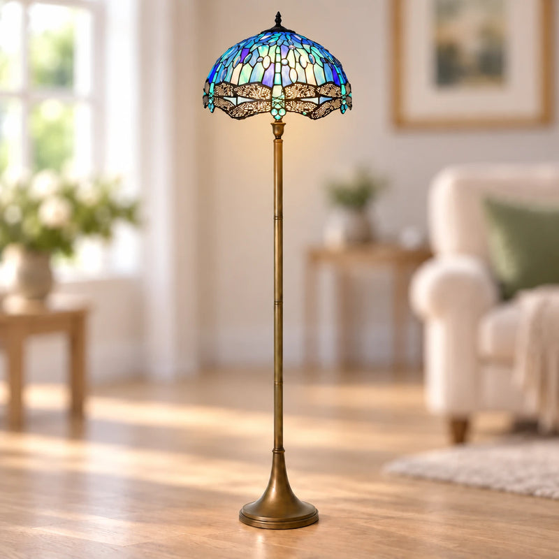 Sapphire Dragonfly Tiffany Floor Lamp, 40.6 cm, illuminated