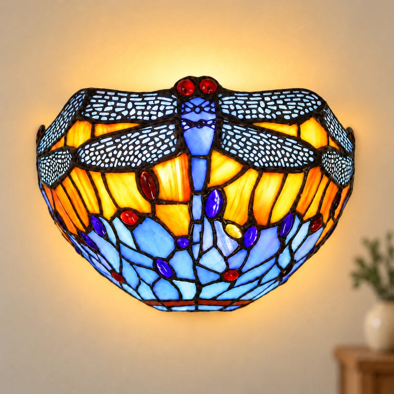 Sunset Dragonfly Tiffany Wall Light, illuminated