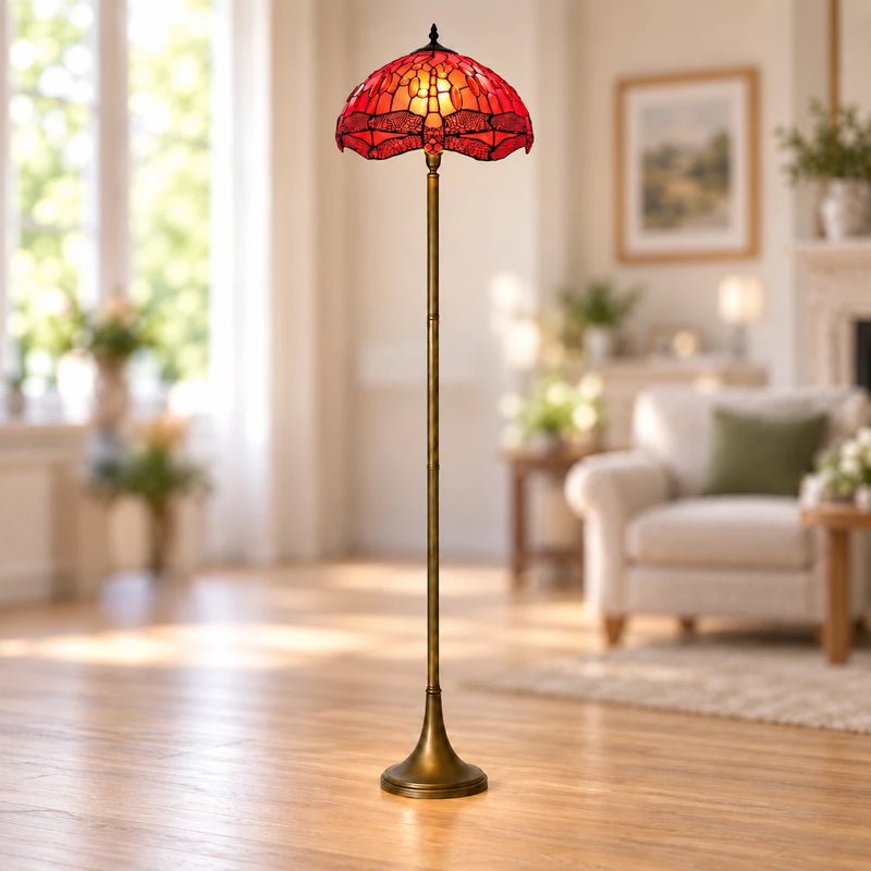 Scarlet Dragonfly Tiffany Floor Lamp, 40.6 cm, illuminated