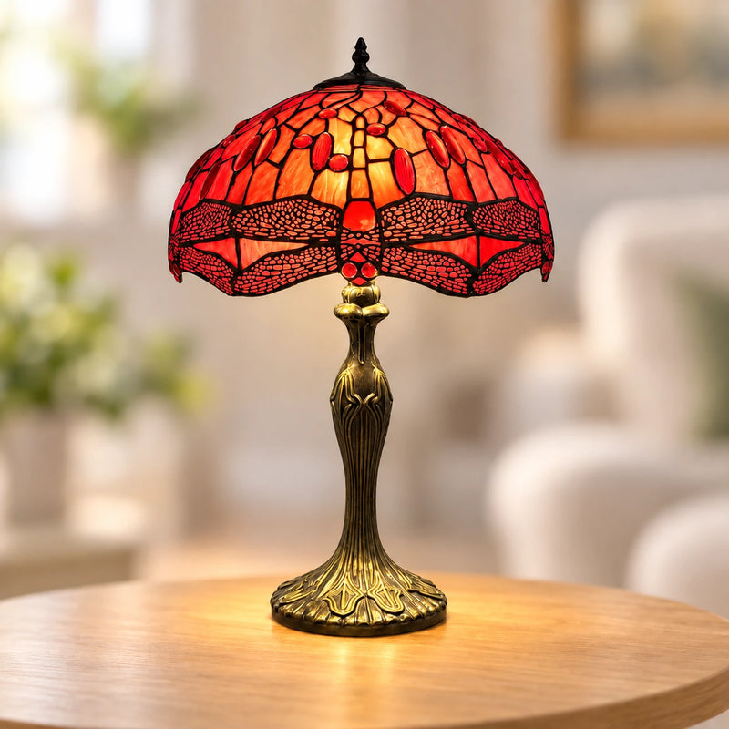 Scarlet Dragonfly Tiffany Table Lamp, 40.6 cm, illuminated