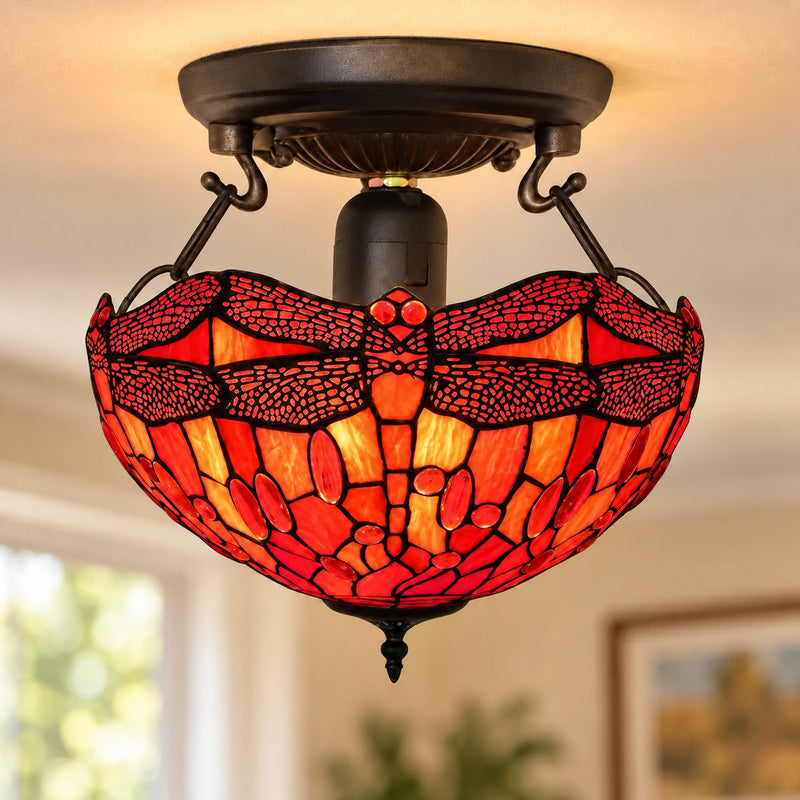 Scarlet Dragonfly Tiffany Ceiling Light, 40.6 cm, illuminated