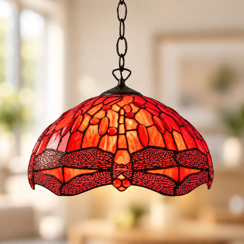 Scarlet Dragonfly Tiffany Pendant Light, 40.6 cm, illuminated