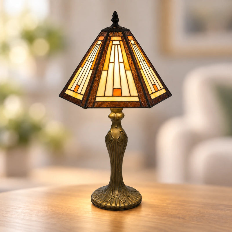 Cream & Amber Mission Tiffany Table Lamp, 25.4 cm, illuminated