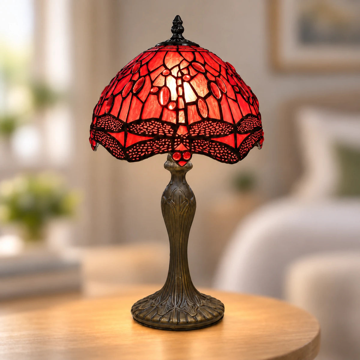 Scarlet Dragonfly Tiffany Table Lamp, 25.4 cm: illuminated hero
