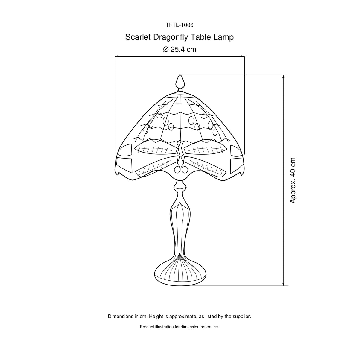 Scarlet Dragonfly Tiffany Table Lamp, 25.4 cm: dimensions in centimetres