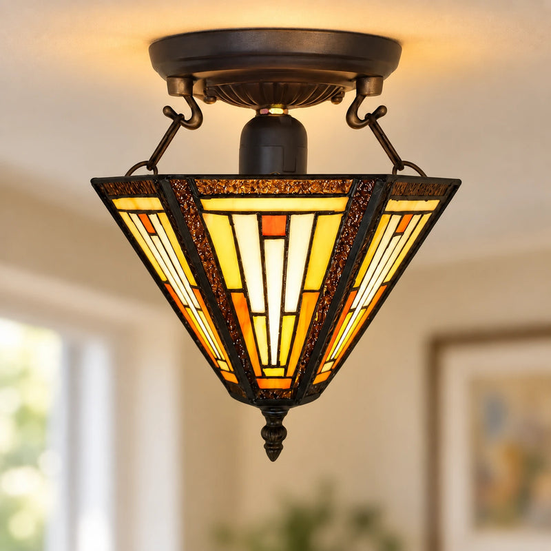 Cream & Amber Mission Tiffany Ceiling Light, 25.4 cm, illuminated