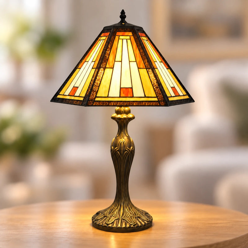 Cream & Amber Mission Tiffany Table Lamp, 40.6 cm, illuminated