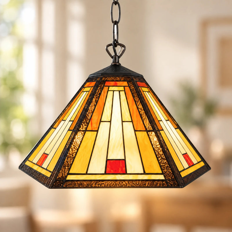 Cream & Amber Mission Tiffany Pendant Light, 40.6 cm, illuminated