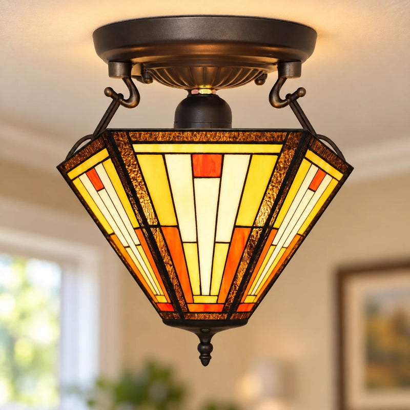 Cream & Amber Mission Tiffany Ceiling Light, 40.6 cm, illuminated