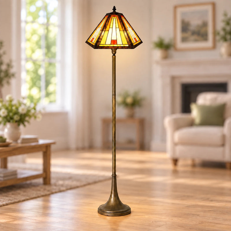 Cream & Amber Mission Tiffany Floor Lamp, 40.6 cm, illuminated
