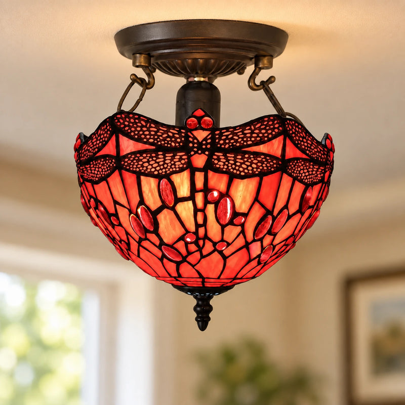 Scarlet Dragonfly Tiffany Ceiling Light, 25.4 cm, illuminated
