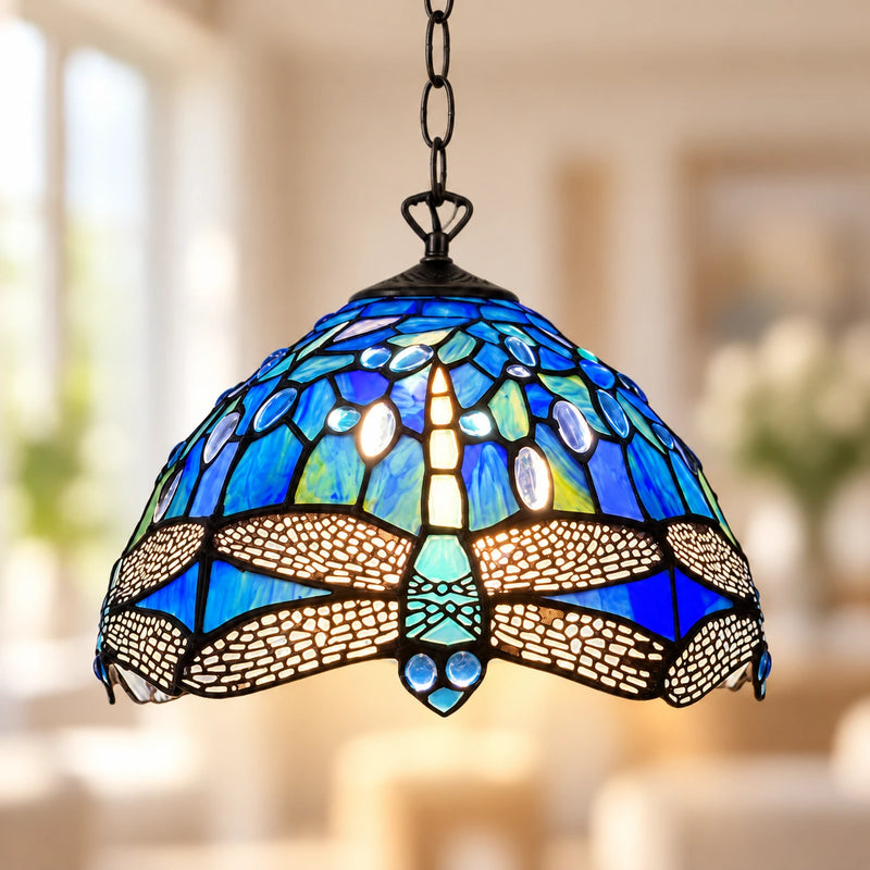 Sapphire Dragonfly Tiffany Pendant Light, 25.4 cm, illuminated