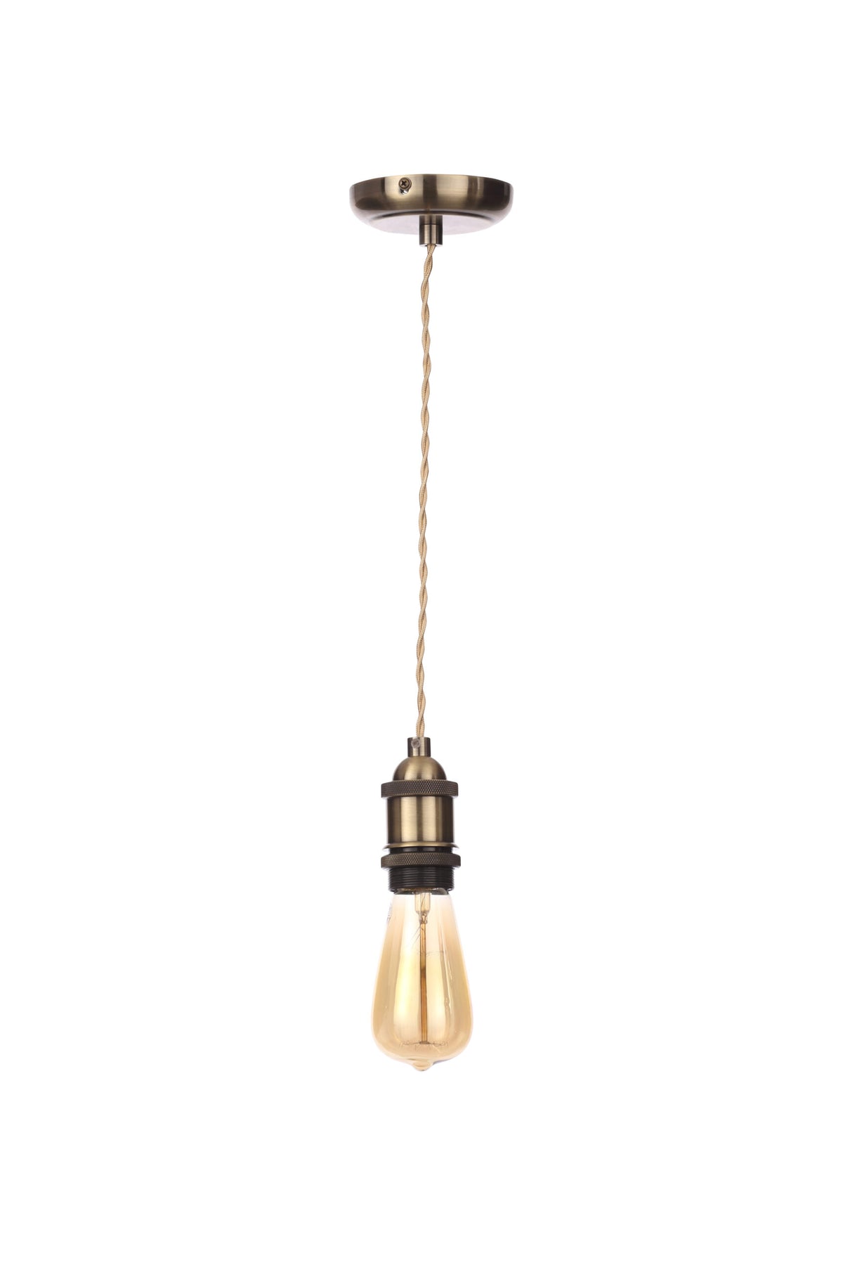Antique brass ceiling rose and E27 holder with champagne twisted cable, shown with an optional bulb sold separately