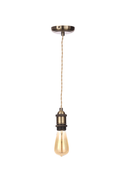 Antique brass ceiling rose and E27 holder with champagne twisted cable, shown with an optional bulb sold separately