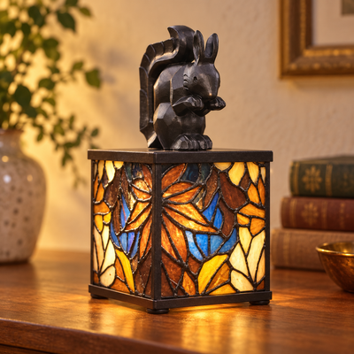 Woodland Squirrel Tiffany Accent Lamp, illuminated