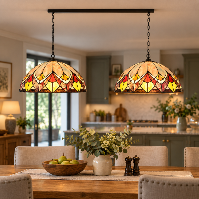 Blossom Tiffany Double Pendant Beam, illuminated