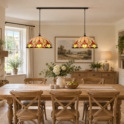 Blossom Tiffany Double Pendant Beam, in a room setting