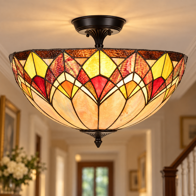Blossom Tiffany Semi-Flush Ceiling Light, illuminated