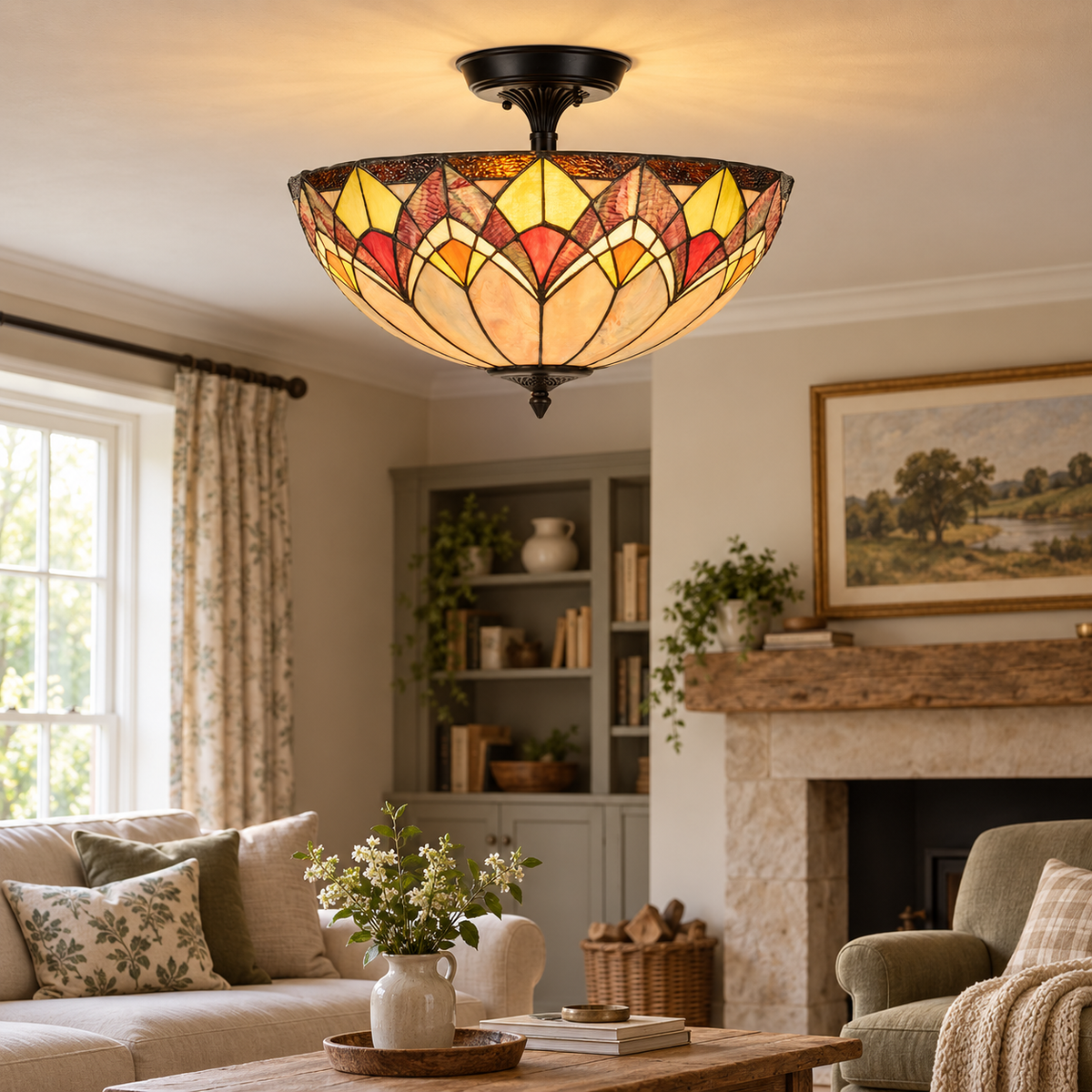 Room visualisation featuring Blossom Tiffany Semi-Flush Ceiling Light