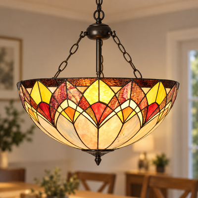 Blossom Tiffany Three-Chain Uplighter Pendant, illuminated
